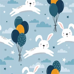 Tuinposter Dieren met ballon Konijntjes, luchtballons, handgetekende achtergrond. Kleurrijk naadloos patroon met dieren, hemel. Decoratief schattig behang, goed om te bedrukken. Overlappende achtergrond vector. Ontwerp illustratie, konijnen