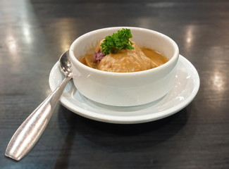 Japanese purple mashed potatoes in a white cup