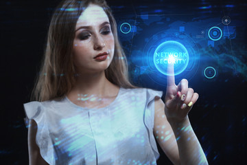 Business, Technology, Internet and network concept. Young businessman working on a virtual screen of the future and sees the inscription: Network security