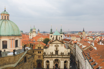 Naklejka na ściany i meble Top view of old town, red roofs skyline in Prague,Czech republic