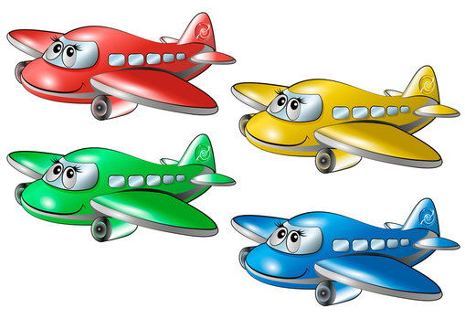 Set of cartoon colorful airplanes with muzzles. Vector illustration.
