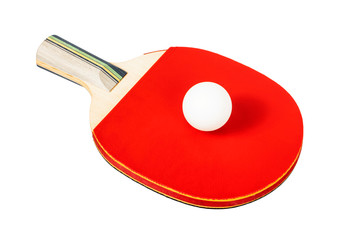 Red ping-pong racket and white ball isolated on white background