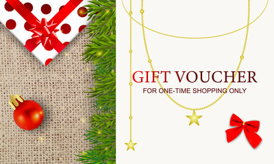 Voucher gift. Winter banner template for invintation voucher. Amazing wood greeting card, banner with Christmas tree and Gift Box. Discount coupon vector illustration.