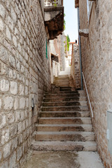 Fototapeta na wymiar old stone staircase and walls, Perast, Montenegro