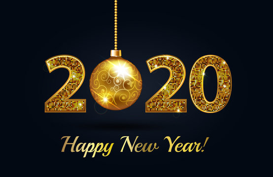 Happy new 2020 year Sparkle number effect gold text with light and christmas ball. Gold 2020 happy new yearin black background.
