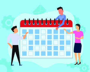 Obraz premium vector illustration. little people characters make an online schedule