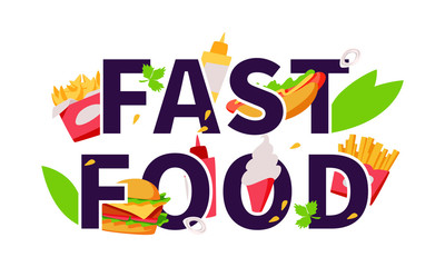 Fast food concept with hamburger, french fries, ice cream, pizza, taco and so. Fast food cafe visitors poster banner flyer brochure. Cartoon flat vector Illustration on isolated background, eps 10.