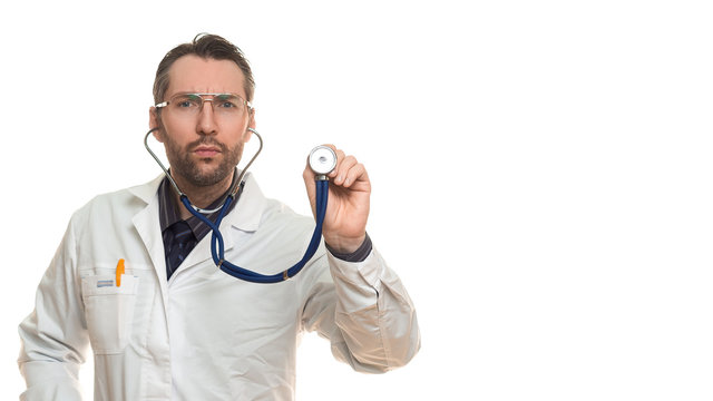 Close up photo of a doctor man auscultating with stethoscope.