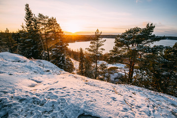 Scenic winter landscape with forest, sunset in Finland
