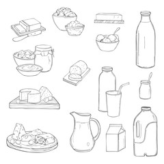  Milk food. Butter, cheese, sour cream, yogurt and cream on a white background. Vector sketch illustration.