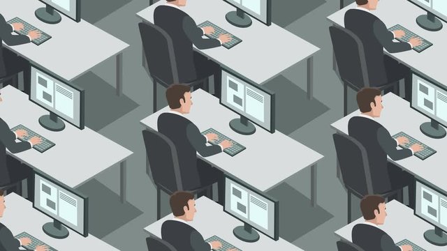 Isometric Workplace Office with Identical Сlerk Workers Clones Man