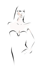 Young beautiful woman, model in evening dress. Fashion illustration in sketch style. Vector