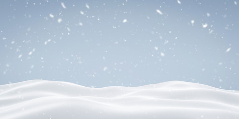 Falling Snowy landscape on blue background. Winter of snow mountain or snowdrift with slope...