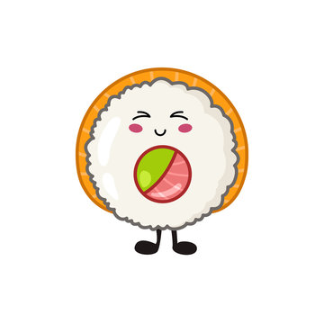 Kawaii sushi, rolls, sashimi - isolated single icon on white background, traditional Japanese or Asian cuisine and food, decoration for social networks of a restaurant or bar, cute cartoon emoji