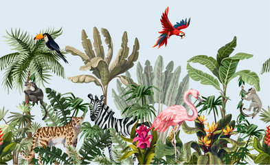 Fototapeta premium Bezszwowe granica ze zwierzętami dżungli, kwiatami i drzewami. Wektor.