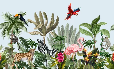 Crédence en verre imprimé Paysage botanique vintage Bordure transparente avec des animaux de la jungle, des fleurs et des arbres. Vecteur.
