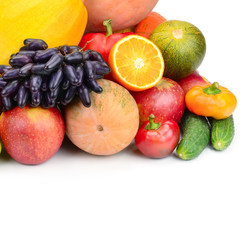 Fruits and vegetables isolated on a white background. Free space for text.