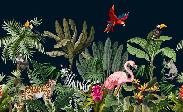 Seamless border with jungle animals, flowers and trees. Vector. © Yumeee