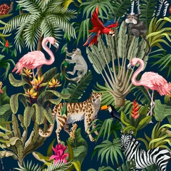 Fotobehang Jungle  kinderkamer Naadloze patroon met jungle dieren, bloemen en bomen. Vector.