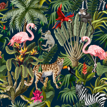 Seamless pattern with jungle animals, flowers and trees. Vector. © Yumeee