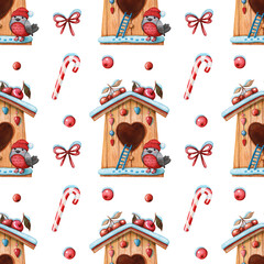 christmas pattern of birdhouse and bullfinch bird