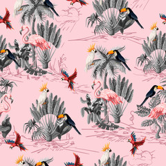 Fototapety  Seamless pattern with jungle animals, flowers and trees. Vector.