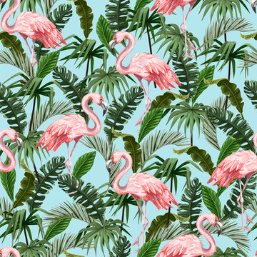 Seamless pattern with flamingo and tropical leaves. Vector.