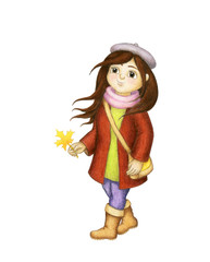 Pretty girl is holding the yellow leaf in her hand and admiring autumn. Isolated. Hand drawn illustration.