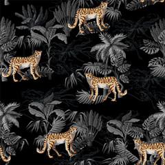 Seamless pattern with leopard and tropical landscape. Vector.