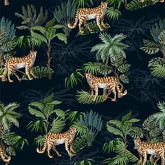 Seamless pattern with leopard and tropical landscape. Vector. © Yumeee