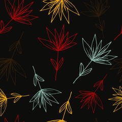 Fototapeta na wymiar Floral seamless pattern in line art style. Abstract botanical print of flowers, leaves, twigs. Textile design texture. Spring blossom background. Vector illustration.