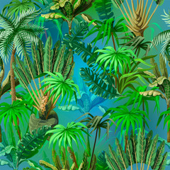Vivid seamless pattern with jungle trees. Vector.