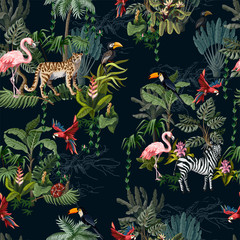 Naadloze patroon met jungle dieren, bloemen en bomen. Vector.