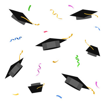 Graduating caps flying up in the air, stock vector illustration