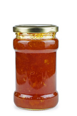 Homemade jam in glass jar isolated on white background