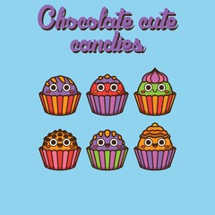 Cute pastel candies, cute Character, Vector illustration of different shapes and kinds of chocolate candies. 