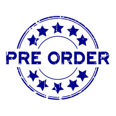 Grunge blue pre order wording with star icon round rubber business seal stamp on white background