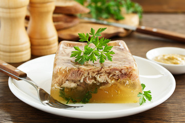 Homemade meat jelly with mustard. Selective focus