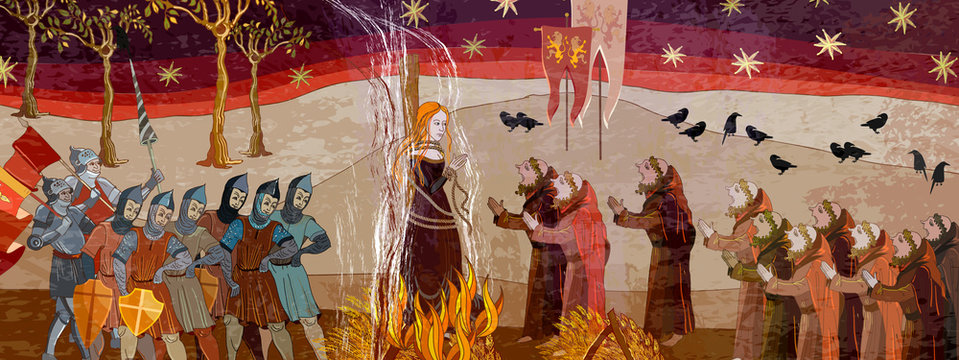 Medieval scene. Inquisition. Burning witches. Ancient book vector illustration. Middle Ages parchment style. Joan of Arc (Jeanne d'Arc) concept. Monks and soldiers at a fire with the witch