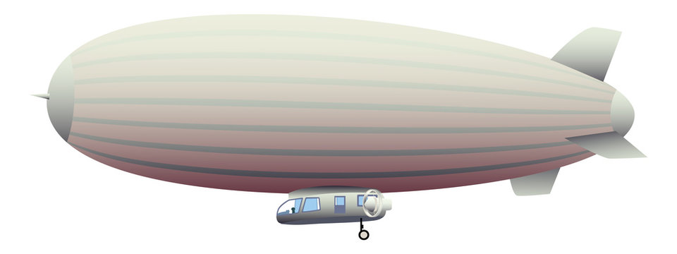 Legendary huge zeppelin airship filled with hydrogen. Stylized flying balloon. Big dirigible with propellers and rudder. Isolated on the white background.