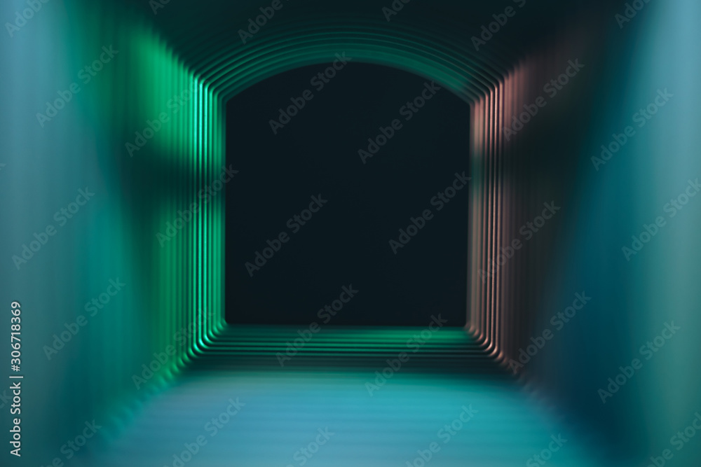 Poster beautiful abstract gray tunnel with color light on a black end background.