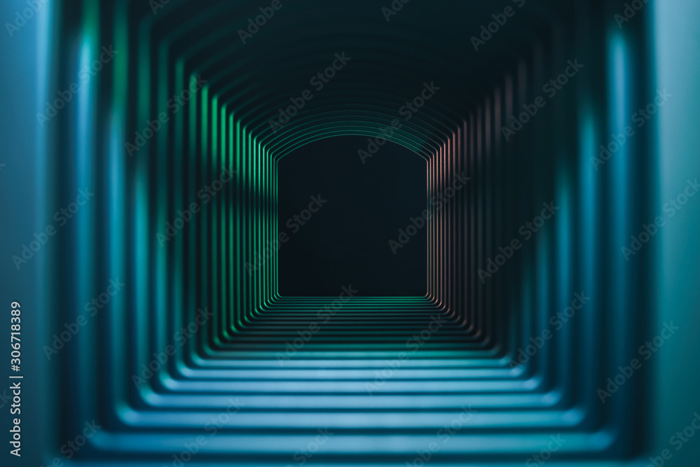 Poster beautiful abstract gray tunnel with color light on a black end background.