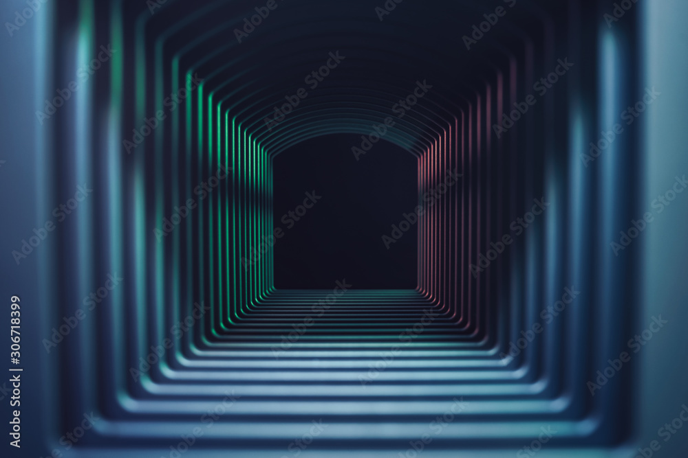 Poster beautiful abstract gray tunnel with color light on a black end background.