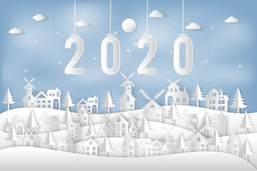 Happy new year 2020 in the snow village in the winter background as holiday , x'mas and merry christmas day concept. vector illustration.