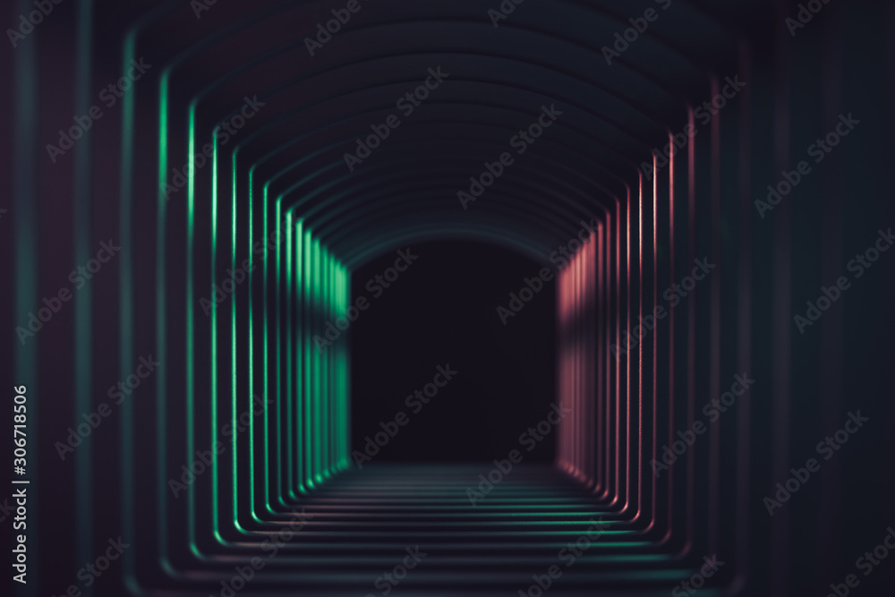 Poster Beautiful abstract gray tunnel with color light on a black end background.
