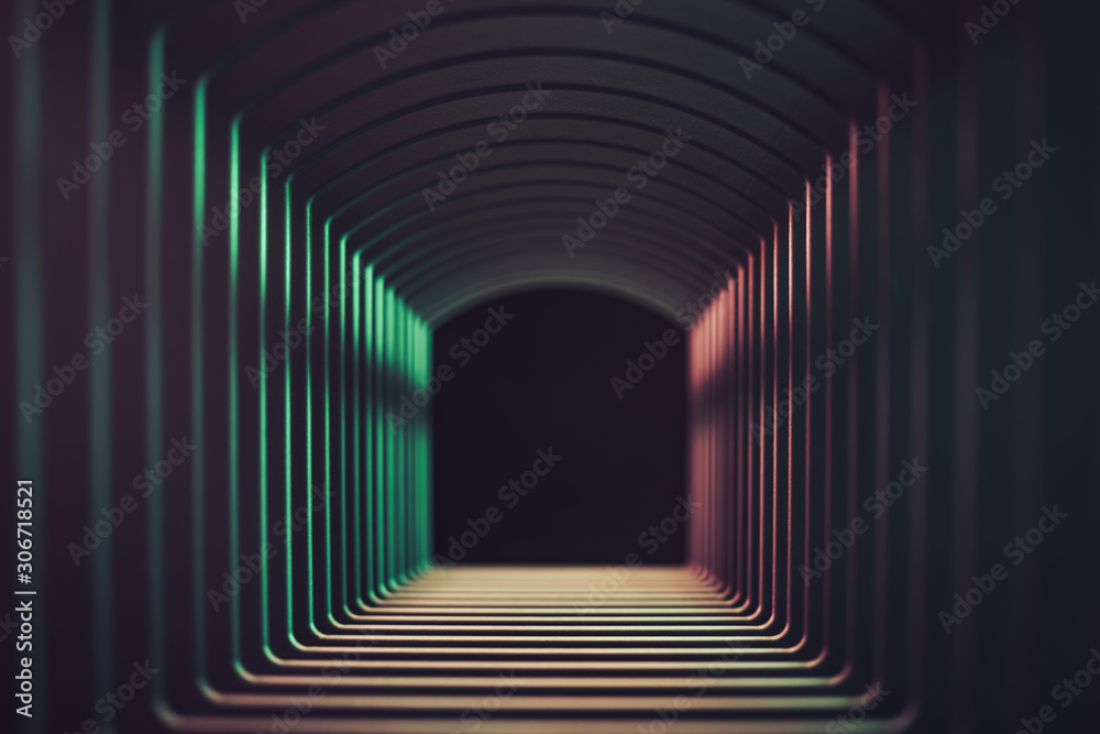 Poster Beautiful abstract gray tunnel with color light on a black end background.