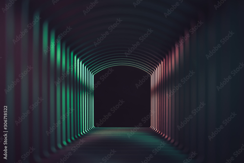 Poster beautiful abstract gray tunnel with color light on a black end background.