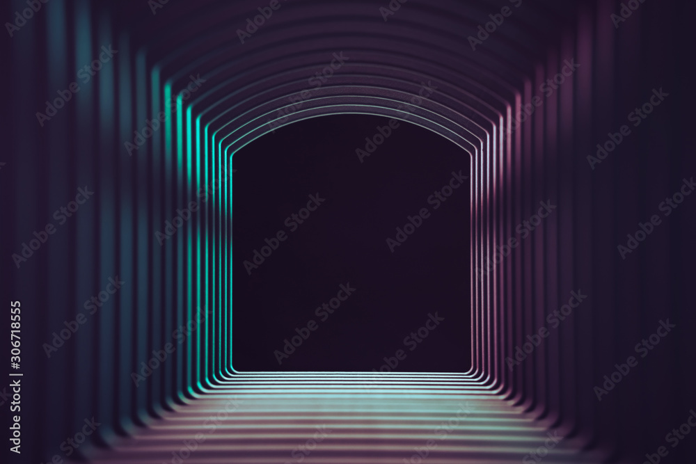 Poster beautiful abstract gray tunnel with color light on a black end background.