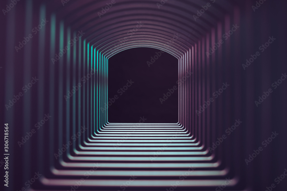 Poster beautiful abstract gray tunnel with color light on a black end background.