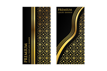 Vector set of design vertical banner, luxury packaging for the product. Vertical gold cards on a black background. Templates vintage ornament straight and wave line. flower pattern element. 